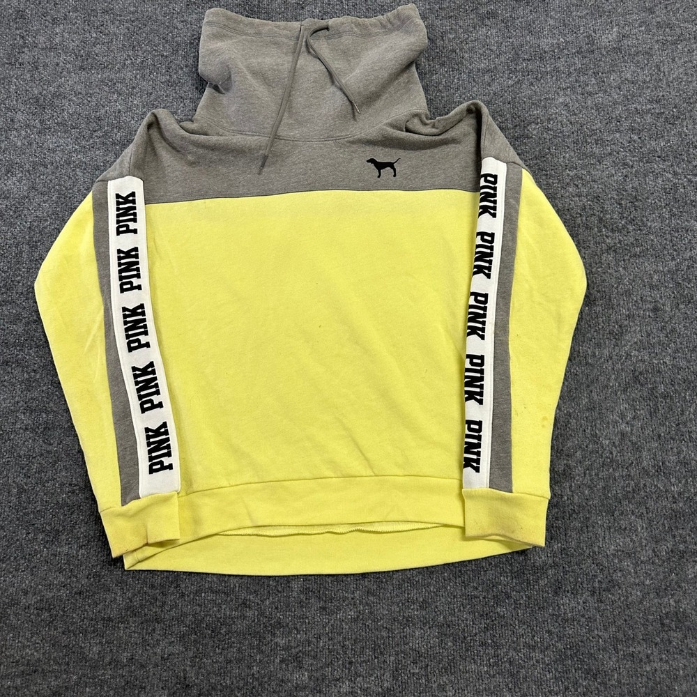 PINK Pullover Womens Size M Yellow Grey Colorblock Funnel Neck Tape Sweatshirt
